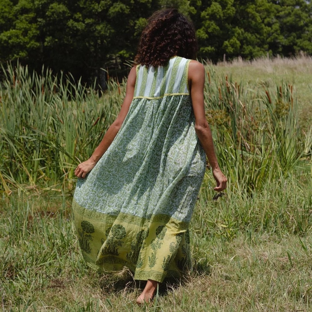 SOLD Daughters of India Green and White Sleeveless Maxi Dress